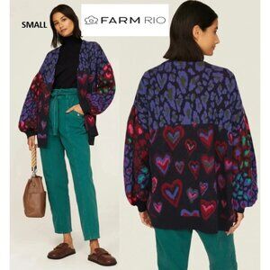 Farm Rio Ikat Hearts Balloon Sleeves Oversized Open Cardigan